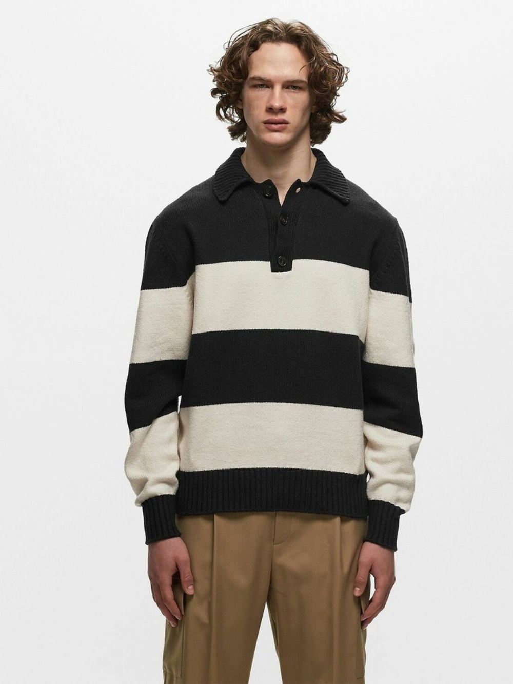 Officine Générale Marley Polo Black/Cream Strip Pullover Wool Sweater | size m